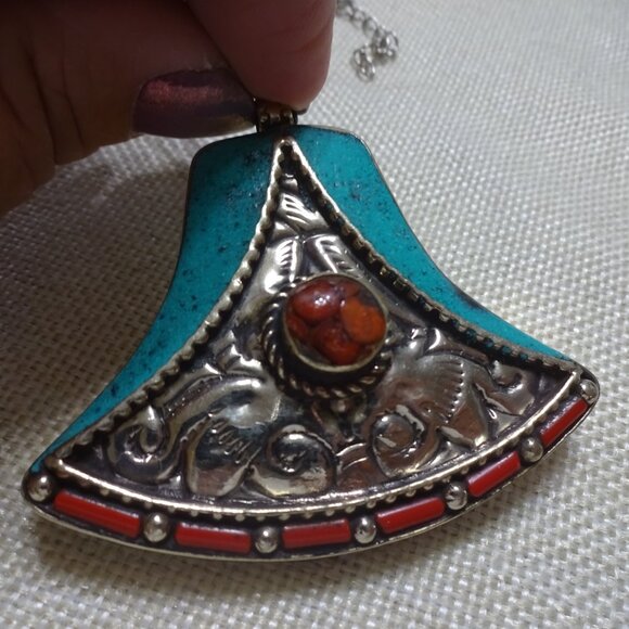 Tribal TURQUOISE & RED CORAL Handmade Sterling Silver Pendant/Cord #238C - Picture 2 of 3